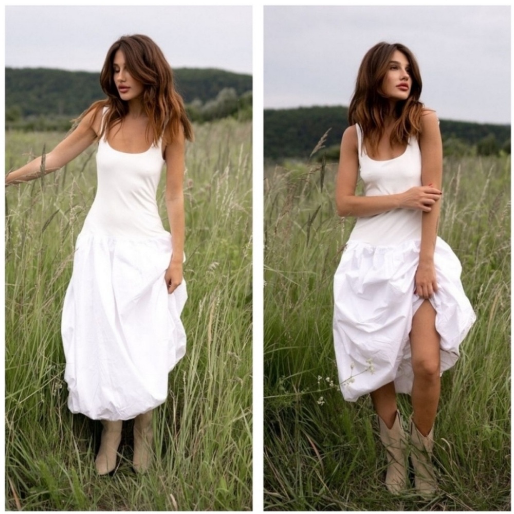 NWT ZARA Mixed Balloon White Midi Dress Size M